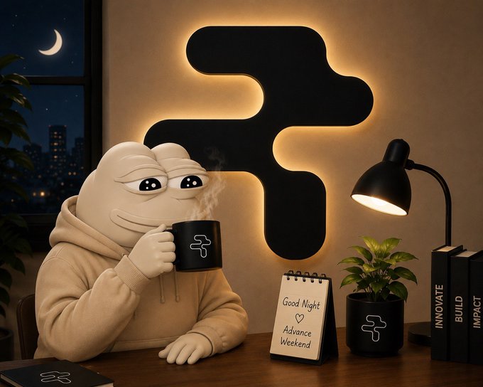 A cozy desk scene featuring a mascot character holding a mug next to a glowing cross-shaped logo, with a calendar noting 'Good Night Advance Weekend' and books labeled 'INNOVATE', 'BUILD', and 'IMPACT'.