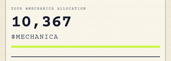 A digital display showing 'YOUR $MECHANICA ALLOCATION' with the value '10,367' in large bold text above a green progress bar.