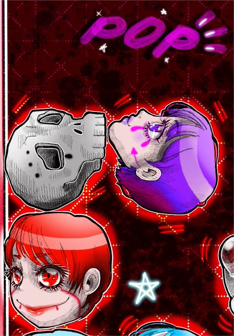 A vibrant, comic-style illustration with a red background featuring a 'POP!' text bubble, floating heads including a screaming face, a gray blocky head, and a red-haired girl with fangs.