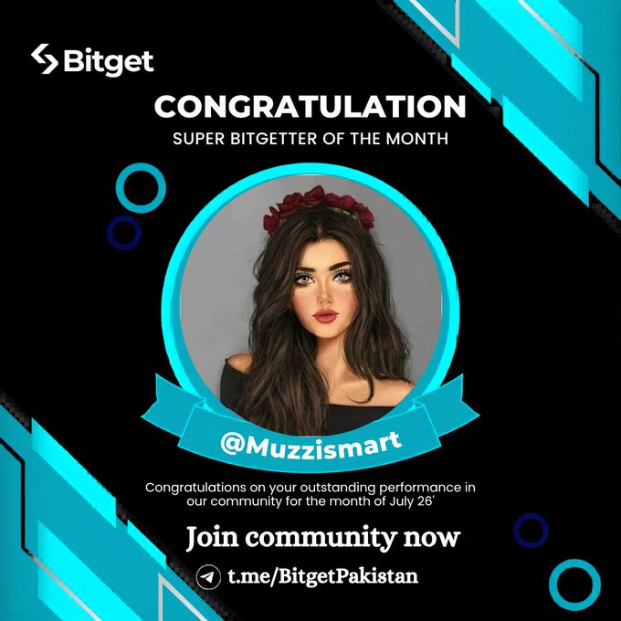 Bitget congratulatory graphic naming @Muzzismart as the Super Bitgetter of the Month for July '26, featuring an illustrated portrait with a flower crown and a Telegram invite link.