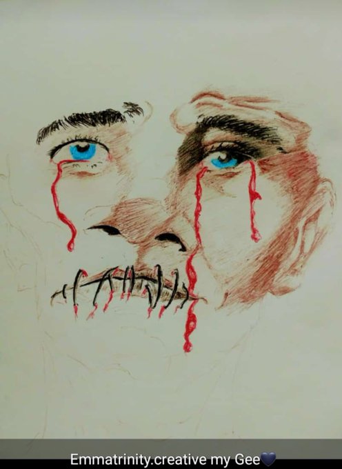 A colored pencil and ink drawing of a face with blue eyes and red tears bleeding from stitched lips, signed 'Emmatrinity.creative my Gee' at the bottom.