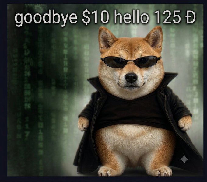 A doge, which appears to be a stuffed animal or toy dog, is wearing sunglasses and a black jacket. It has a happy expression as if it is waving at someone via social media or another online platform. The background features abstract patterns that give an impression of technology and electronic devices such as computers.