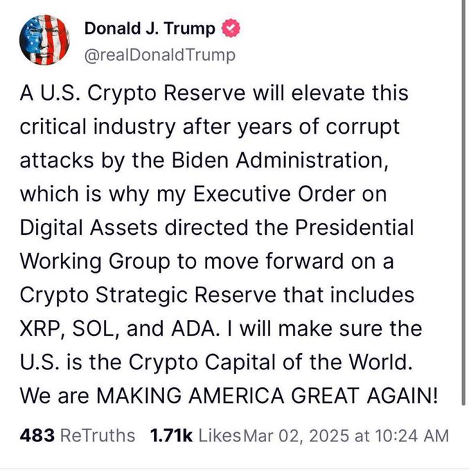 A screenshot of a post on X by Donald J. Trump (@realDonaldTrump) dated March 02, 2025, discussing a U.S. Crypto Reserve including XRP, SOL, and ADA.