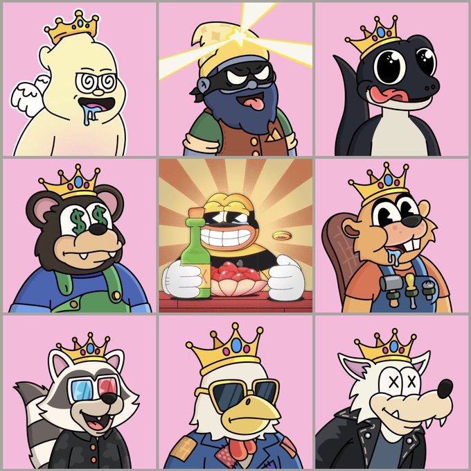 A 3x3 grid of cartoon animal characters, each wearing a crown against a pink background, with the center image showing a character in sunglasses smiling at a bowl of food with a green bottle and "DUKE" logo. The post celebrates completing a 2nd matching "Nibbles" NFT collection featuring crown traits and pink backgrounds, giving thanks to @clarkredus and the web3 community for helping complete the set.