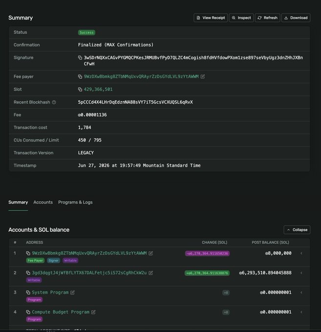 Solana blockchain explorer screenshot showing a successful transaction of 6,270,364 SOL (valued at $445,564,386) transferred from a Binance-associated wallet to an unknown wallet, confirming the reported large-scale SOL transfer.