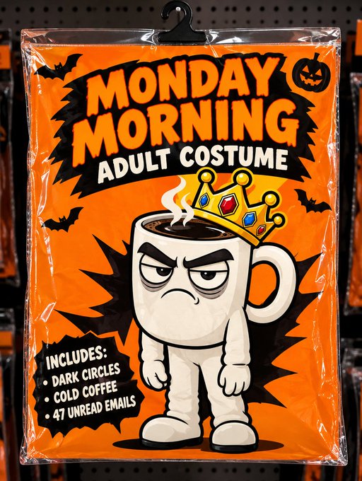 A Halloween costume package labeled "MONDAY MORNING ADULT COSTUME" featuring an angry coffee mug character wearing a crown, with text indicating it includes "Dark Circles, Cold Coffee, 47 Unread Emails".