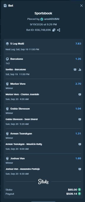 A "Sportsbook" betting slip screenshot from Stake shows a 5-leg multi wager placed by user "uroshDUBAI" on 9/19/2026 at 9:29 PM, with a stake of $65.00 and a potential payout of $509.14. The bets include Barcelona to beat Sevilla (1.26), Marlon Vera over Chaste Joaneda (2.70), Gabby Stevenson over Sean Sharaf (1.04), Armen Tsaurkcan over Mauricio Ruth (1.31), and Joshua Van over Alexandre Pantoja (1.69), combining for a total odds of 7.83. The post by "@stake" captioned "Easy" reflects the platform's branding visible at the bottom, emphasizing the straightforward, user-friendly nature of the betting slip displayed.