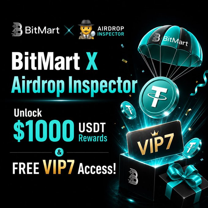 The image features a vibrant poster promoting an Airdrop Inspector service from BitMart, which appears to be related to Cryptocurrency activities. The poster includes an animated illustration of an umbrella surrounded by flying coins and a blue and gold card featuring the words "Unlock $1000 usdt rewards" and "Free VIP7 Access winners: FCFS 50 and For New and Old users Distribution: within 5 days after ends Airdrop Link: bitmart.com/en-US/activity". The poster serves as an advertisement for this new service, offering enticing benefits to its potential users.