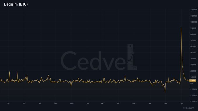 The image is a chart titled "Değişim (BTC)" showing Bitcoin's price change over time from August 2024 to August 2025, with a notable spike reaching approximately 9,000+ near late 2024, followed by a sharp decline where the current value displays around -1,029 as of 15.08.2026. The chart's watermark "Cedveli" appears in the background. This visual relates to the post by illustrating recent retail investor behavior—specifically the slight sell-off mentioned—with the recent negative change suggesting retail traders are reacting to market conditions rather than any insider activity.