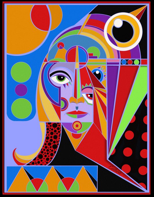 A vibrant, colorful cubist-style painting featuring an abstract face composed of geometric shapes, vivid reds, blues, greens, and polka dot patterns.