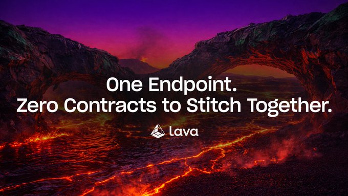 A dramatic volcanic landscape with flowing lava serves as the backdrop for Lava's messaging, "One Endpoint. Zero Contracts to Stitch Together." The fiery imagery visually reinforces the post's theme of consolidating fragmented multi-chain infrastructure into a single, unified solution.
