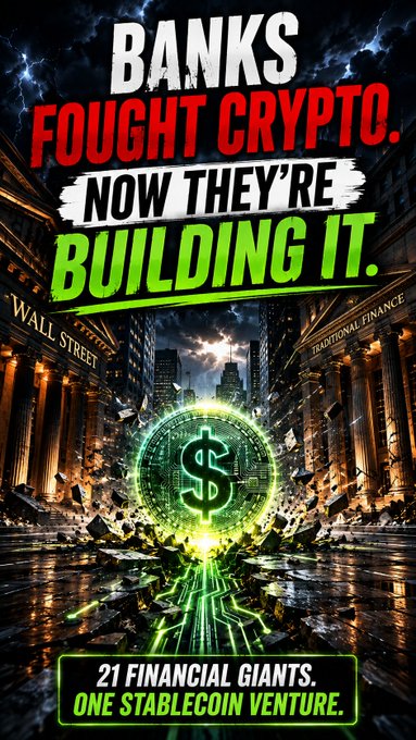A promotional graphic with bold text reading 'BANKS FOUGHT CRYPTO. NOW THEY'RE BUILDING IT.' and '21 FINANCIAL GIANTS. ONE STABLECOIN VENTURE,' featuring imagery of Wall Street and a glowing dollar sign.