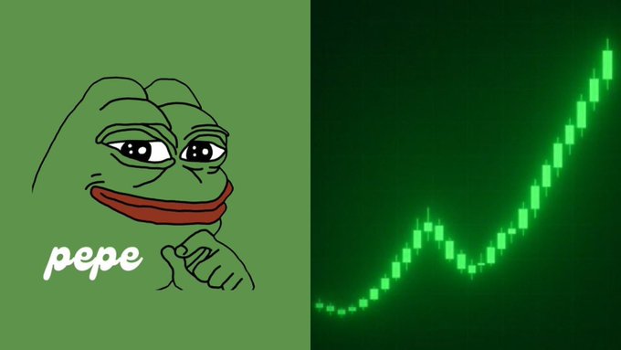 A split graphic showing a line-drawn version of the Pepe the Frog meme with the text 'pepe' on the left, alongside an upward-trending green stock chart on the right.
