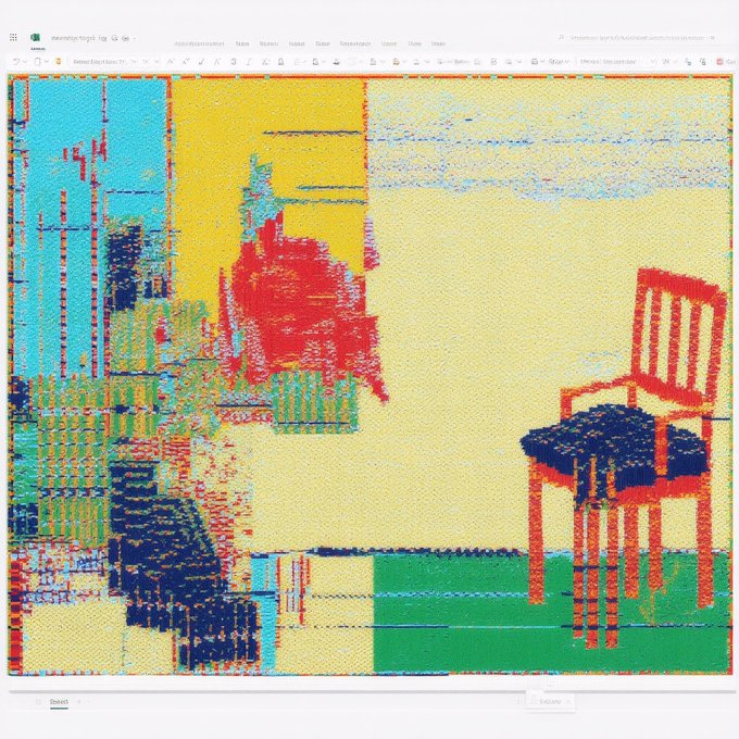 A heavily glitched/pixelated digital image showing a distorted interior scene with a chair, desk, and clock, appearing to be a damaged AI-generated artwork viewed in an editor interface.