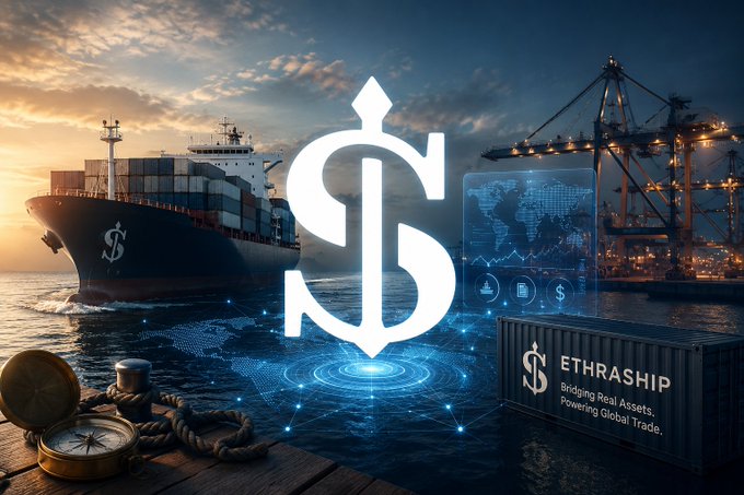 A promotional graphic for 'ETHRASHIP - Bridging Real Assets. Powering Global Trade,' featuring a large dollar sign over a container ship, port cranes, and a world map hologram.