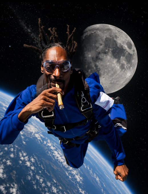 Surreal composite image of a man with dreadlocks and sunglasses smoking a cigar while skydiving above Earth with the moon in the background.