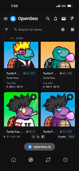 A screenshot of the OpenSea app showing a collection of 'Turtle Fees' NFT items priced in WETH, with the total collection value at $1,919.80.