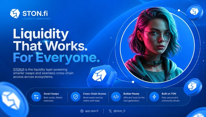 A promotional banner for STON.fi, a decentralized exchange on TON, with the headline 'Liquidity That Works. For Everyone.' and features including Smart Swaps, Cross-Chain Access, and Builder Ready.