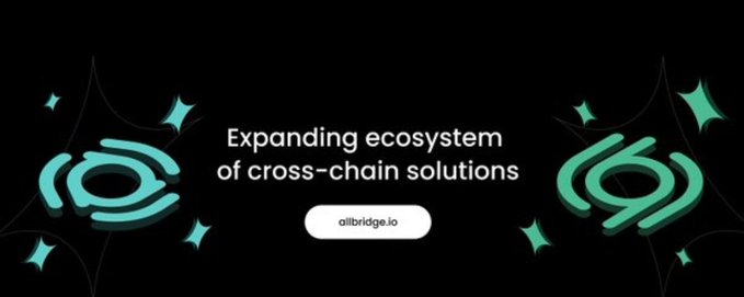 A black promotional graphic with green 3D logos and sparkles reads "Expanding ecosystem of cross-chain solutions" with a button linking to "allbridge.io," visually reinforcing the post's message about opportunities being scattered across different blockchains and the need for cross-chain tools to connect them.