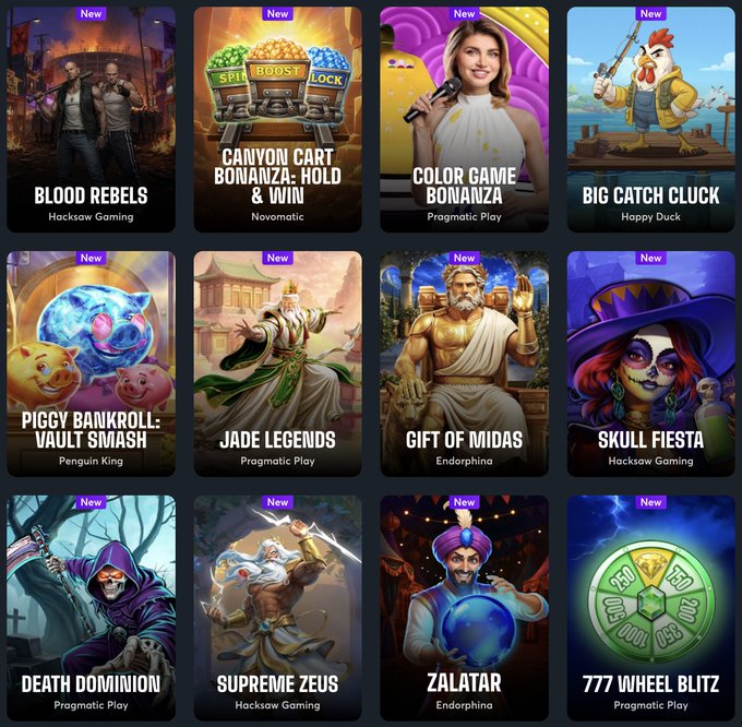 The image displays a grid of 12 new online slot games with titles including "Blood Rebels," "Canyon Cart Bonanza: Hold & Win," "Color Game Bonanza," "Big Catch Cluck," "Piggy Bankroll: Vault Smash," "Jade Legends," "Gift of Midas," "Skull Fiesta," "Death Dominion," "Supreme Zeus," "Zalatar," and "777 Wheel Blitz," each tagged with their respective developers like Pragmatic Play, Hacksaw Gaming, Novomatic, and Endorphina. The post prompts viewers to choose which of these new games they would play with a hypothetical $25 bonus, making the image a visual menu of the featured options.