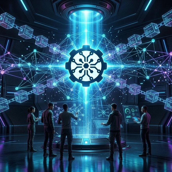 The image features four people standing around a futuristic-looking machine with a large gear at its center. The group of individuals appears to be engaged in an activity or discussion related to the machine, which has a unique design that resembles a gear. The setting seems to be a room filled with various objects and equipment, giving it a tech-oriented atmosphere.

The post about Synergix's data storage system is displayed at the bottom of the image. It highlights the advantages of using Irys (Web3 + Arweave) as a secure method for storing data instead of traditional databases. The post emphasizes that if users migrate to a new server, their data will be seamlessly transferred and easily recoverable from the current server without losing any information.