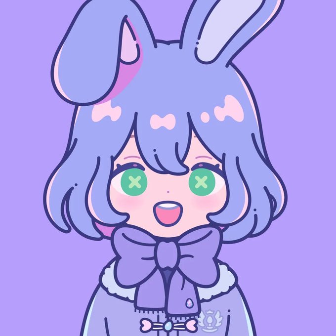 A chibi-style illustration features a cheerful character with purple bunny ears, blue-purple hair, green eyes with "X" symbols, rosy cheeks, and a matching bow, set against a light purple background. The image relates to the post by showcasing the artwork style of the @xdropchan NFT project, highlighting its clean and cute design.