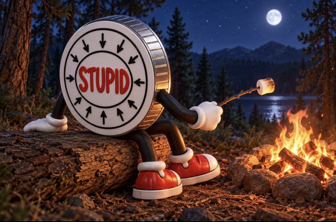 A 3D-rendered cartoon coin character with the word "STUPID" in red letters sits on a log roasting a marshmallow over flames at a nighttime campsite.