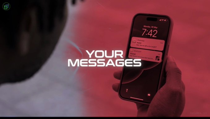 A promotional video screenshot shows a hand holding a smartphone displaying a lock screen with notifications, overlaid with the bold white text 'YOUR MESSAGES' and a small BeLdex logo in the corner.