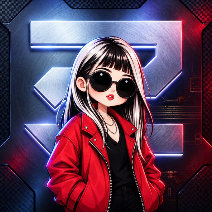 An anime-style digital illustration features a girl with large dark sunglasses, black hair with a white streak, wearing a red jacket over a black shirt, set against a metallic background with glowing neon blue and red lines.