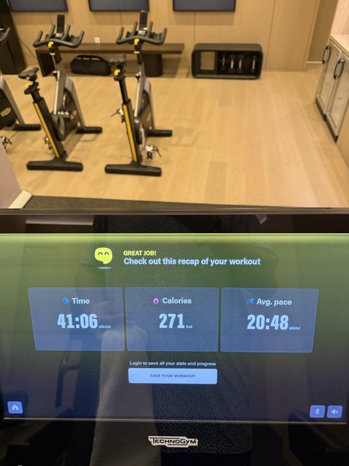 A TechnoGym treadmill screen displays a workout summary: 41:06 time, 271 calories, and 20:48 avg. pace, with a "GREAT JOB!" message.
