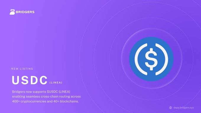 A promotional graphic on a purple background announcing a new USDC (LINEA) listing on Bridgers, a cross-chain routing service supporting over 400 cryptocurrencies and 40+ blockchains.