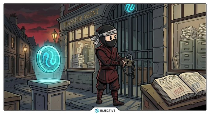 An Injective (INJ) blockchain illustration showing a masked "Transfer Agent" in red robes breaking chains at a "COMMUNITY" checkpoint, with the tagline "UNLOCK INJECTIVE."