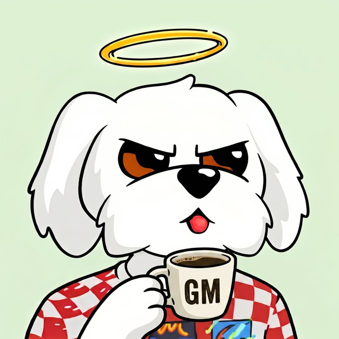A cartoon illustration of a white fluffy dog character with a grumpy expression, wearing a red-and-white checkered shirt and a yellow halo, holding a mug labeled 'GM'.
