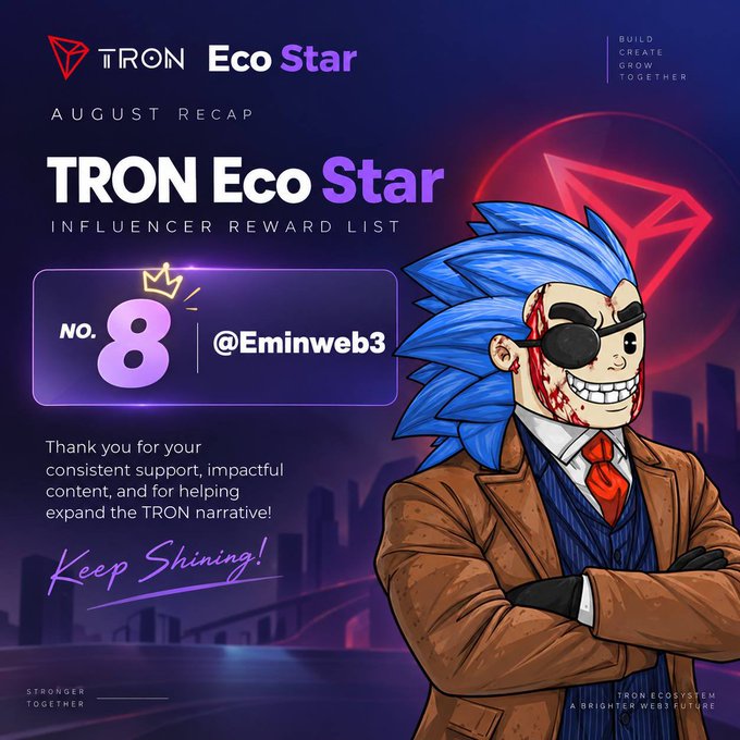 The image is an "August Recap" graphic from the TRON Eco Star Influencer Reward List, featuring @Eminweb3 ranked No. 8, alongside a stylized blue-haired cartoon character in a brown suit with an eye patch, thanking recipients for their support and encouraging them to "Keep Shining!"