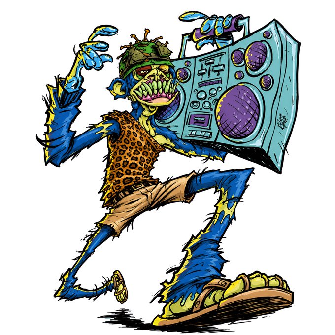 The image features a cartoon monkey holding a boombox, which appears to be a boombox with purple and blue colors. The monkey is depicted as wearing a leopard print outfit and has a green hat on its head. The background of the image is white, making it stand out against the colorful elements in the foreground. There are no other objects or texts present in the image, and the caption "Mutant Ape Yacht Club" suggests that this cartoon might be related to a boating club or an event involving boats.
