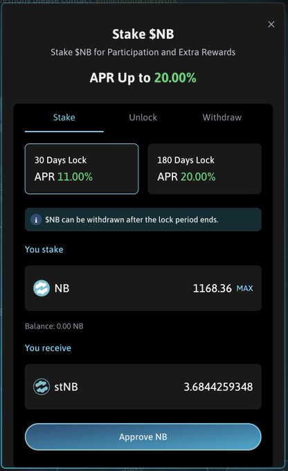 A "Stake $NB" cryptocurrency interface offers "APR Up to 20.00%" with options for 30 Days Lock (APR 11.00%) and 180 Days Lock (APR 20.00%), showing a stake of 1168.36 NB yielding 3.6844259348 stNB.