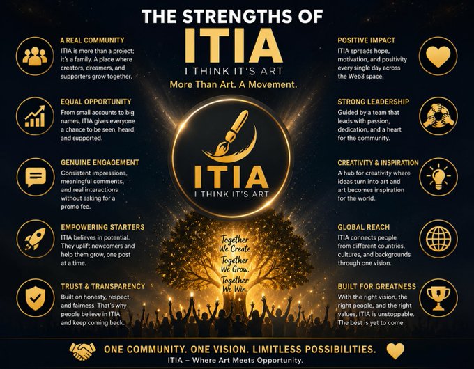 A promotional infographic for 'ITIA - I Think It's Art' cryptocurrency project listing its strengths including 'A Real Community', 'Equal Opportunity', 'Strong Leadership', and 'Built for Greatness'.