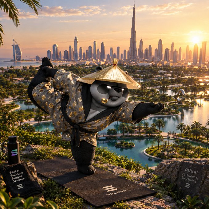 A panda wearing a kimono and straw hat strikes a martial arts pose on a yoga mat overlooking the Dubai skyline, with "DUBAI" coordinates and a water bottle labeled "Better Builder Bigger Dreams" and a "SOLANA" mat visible in the foreground—blending Eastern wellness vibes with a Dubai crypto retreat to match the post's message of mindful weekend connection.