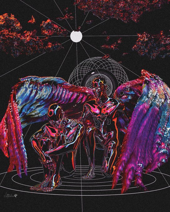A vibrant digital artwork featuring two glossy, chrome-like humanoid figures with large colorful wings (red, blue, and purple) seated beneath a celestial sphere and a wireframe eye.