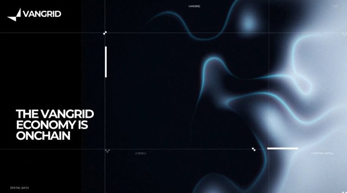 A dark website banner for VANGRID displaying the text 'THE VANGRID ECONOMY IS ONCHAIN' with abstract blue light effects.