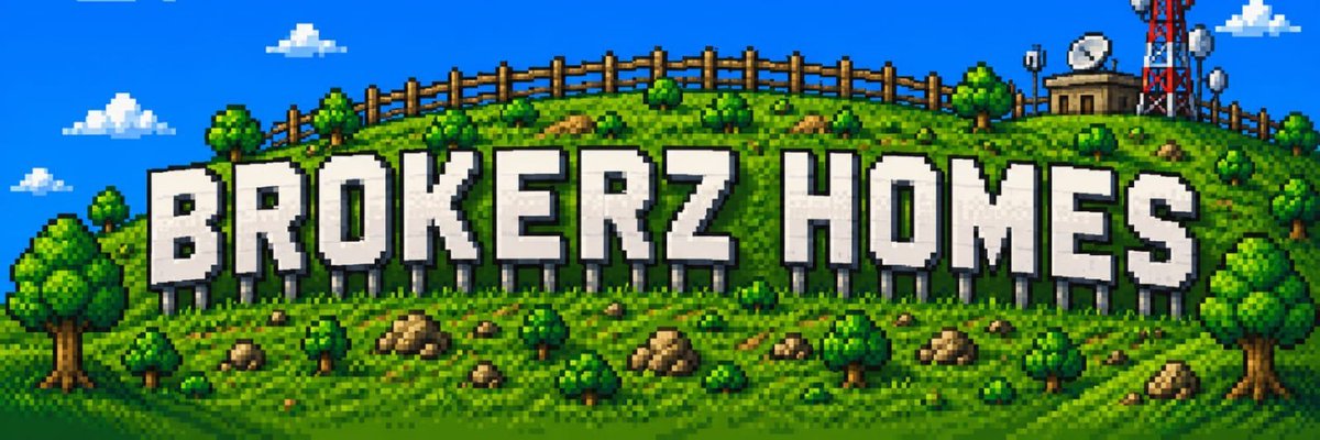 A pixel art-style image featuring the text "BROKERZ HOMES" displayed in large white block letters on a grassy hill with trees, rocks, a wooden fence, and a communications tower in the background, mirroring the Brokerz Homes NFT project mentioned in the post about its $BRKZ token and onchain home-purchase rewards.