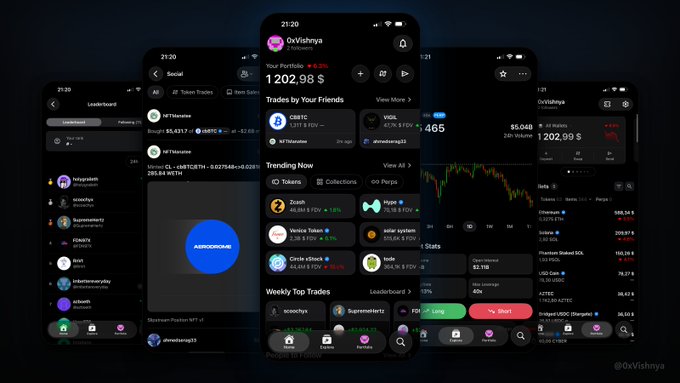The image shows a collection of five cell phones, each displaying different information about cryptocurrency trading apps. The phones are arranged vertically against a dark background, with various app icons visible on their screens. One phone displays a blue circle icon, while another has a green "Portfolio" button. A third phone features a red "Redeem now" button and a fourth one shows a "Connect multiple wallets combined balance & PnL" screen. The fifth phone is positioned horizontally with an app icon for "@opensea Mobile OS Mobile turned out way more packed than I expected genuinely an app with everything a crypto native needs in one place".