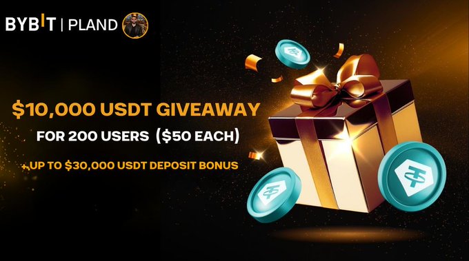 This image advertises a "$10,000 USDT GIVEAWAY FOR 200 USERS ($50 EACH)" by Bybit and Pland, also mentioning a deposit bonus. The image directly illustrates the giveaway with a depiction of a gift box and USDT coin icons, correlating with the text about the campaign.