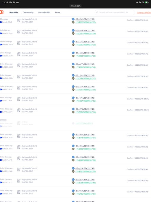 A transaction history page on dexari.com displaying a series of "dopSwapByOfferId" transactions, each involving "375 000" tokens with a "Gas Fee = 0.00001 ETH ($0.02)" charge. The transactions show various wallet addresses and corresponding ETH transactions with amounts like "-17.3716 USDC ($17.36)" and "+75.9633 THB ($17.25)", supporting the post's reference to "375 000 USDC" and "$TIBBIR."