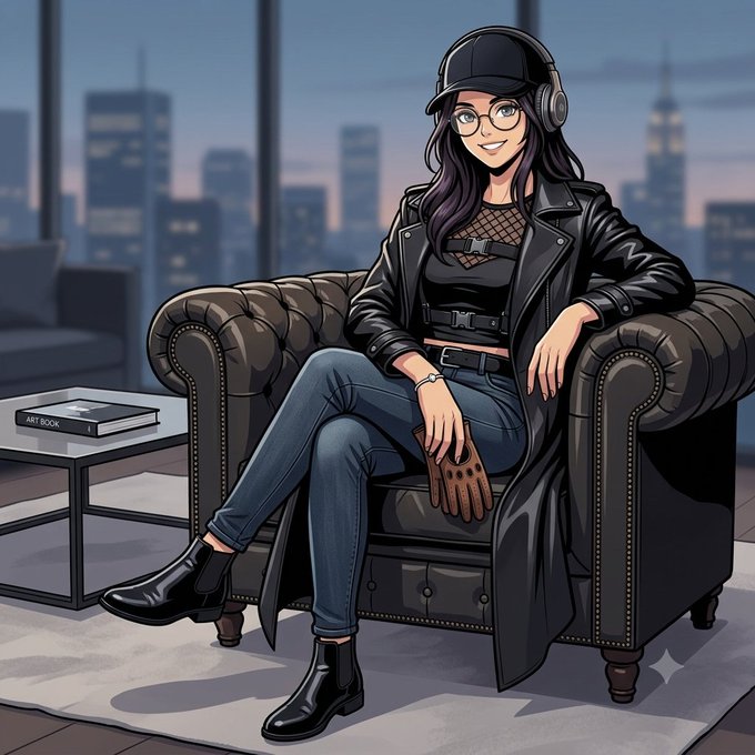An anime-style illustration of a woman wearing a black cap, glasses, headphones, and a leather jacket sits on a leather couch, with a cityscape visible through the window behind her.