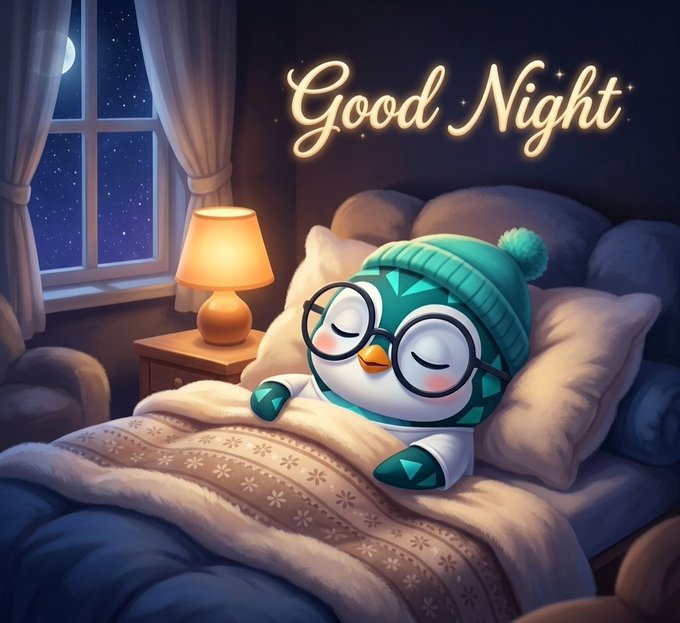 A digital illustration features a cute cartoon penguin wearing a green knit hat and glasses, sleeping peacefully in bed under a blanket with the text 'Good Night' glowing in the background.