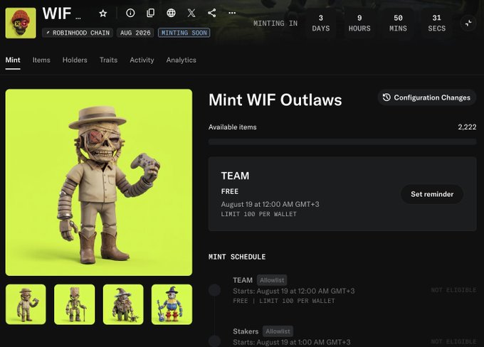 A webpage for 'Mint WIF Outlaws' on the Robinhood Chain, featuring pixel art cowboy characters and a mint schedule starting August 19 with a free team mint limit of 100 per wallet.