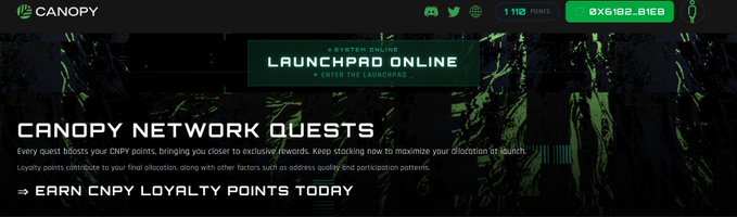 The image shows a banner for a website called "Canopy Network" that offers a rewards program for users who participate in their online network. The website provides various benefits, such as discounts or exclusive content, depending on the user's level of involvement. The main focus is on promoting the idea of turning participation into future value and encouraging users to engage with the platform by participating in Quip, Wallchain, orARC Terminal.