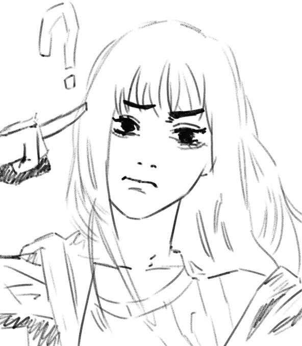 A rough black-and-white digital sketch portrays a young female character with a sad, furrowed expression, alongside a speech bubble containing an exclamation mark pointing towards her.