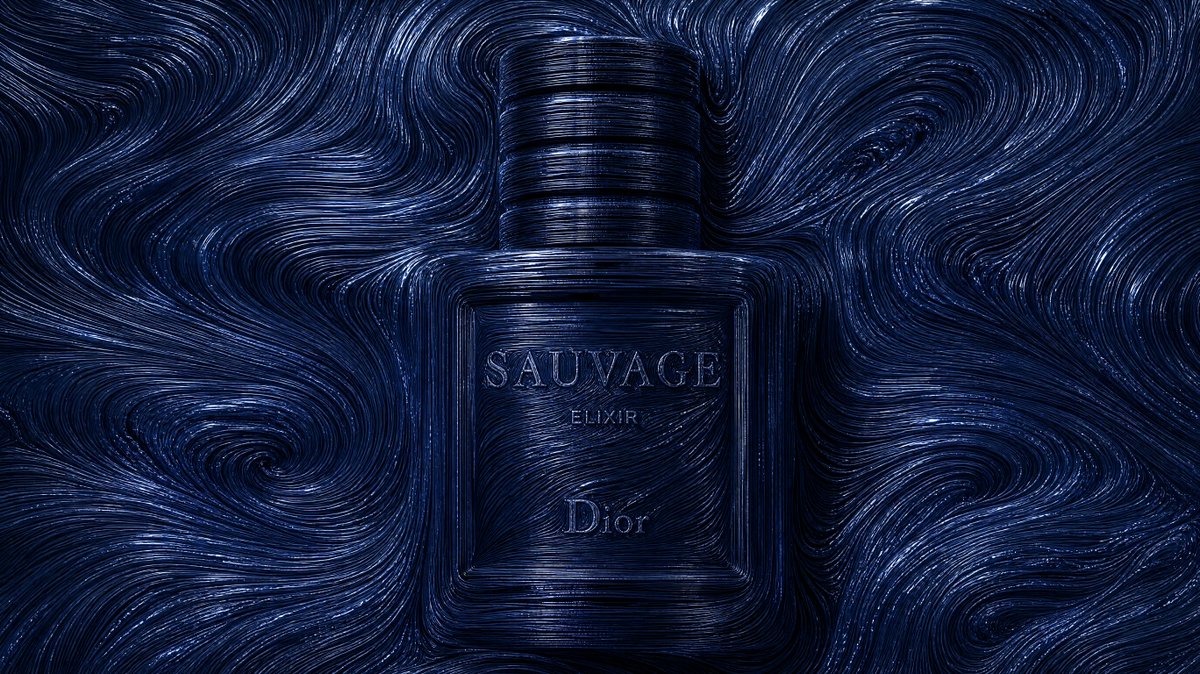A bottle of Dior Sauvage Elixir is embossed in deep blue swirling, viscous ridges that ripple outward across the frame, embodying the post's concept of logos flowing beyond a flat finish. The tactile relief transforms the iconic branding into a dynamic, almost liquid sculpture that echoes the swirling currents of the surrounding texture.